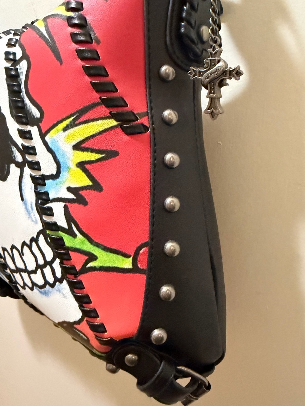 Ed Hardy Graphic Print Studded faux Leather Shoulder Bag Skulls Roses NWT - Picture 9 of 16